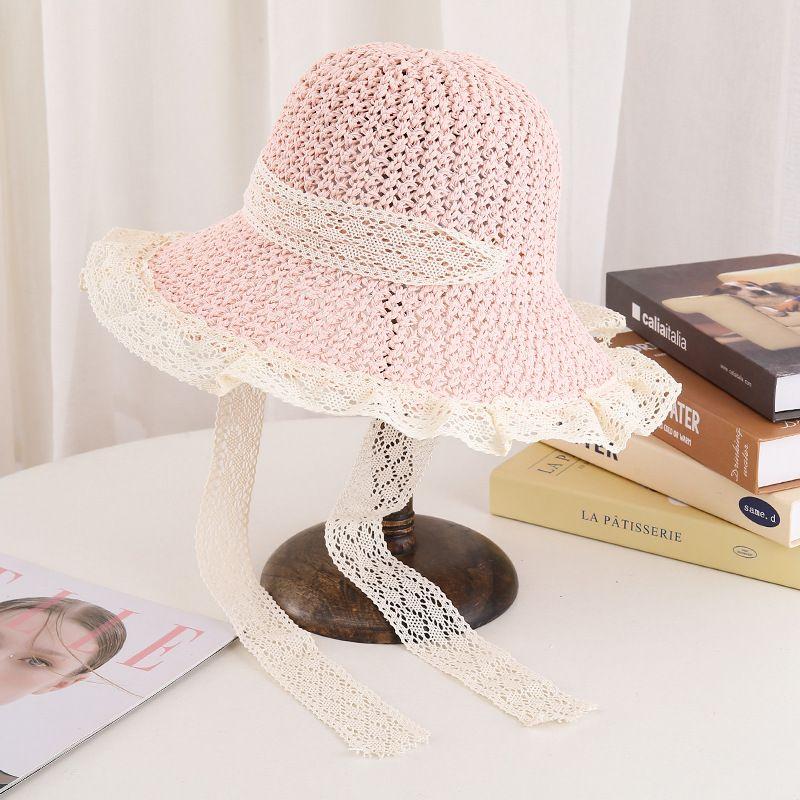Sunshade Straw Hat Women's Large Eave Lace Bow Sunshade Hat Foldable Seaside Beach Sun Hat