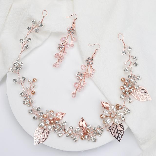 

Блестящие кристаллы, жемчуг, стразы, розовое золото, женский головной убор, свадебный ободок и серьги, аксессуары для волос невесты розовый