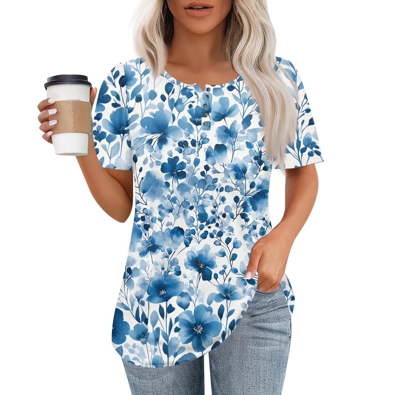 

Женский модный повседневный короткий рукав пуловер с принтом на пуговицах и круглым вырезом XXXL синий