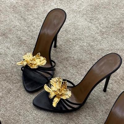 Fashion 2025 Summer Sexy Stiletto Heel Sandals for Women Floral Metal Decor Party Slippers Fashion Dressy High Heel Open Toe Slippers