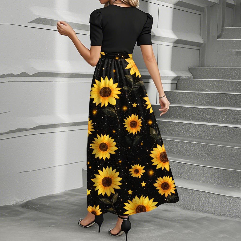 Women's Fashion Casual Belt Short Sleeve Round Neck Floral Stitching Elegant Temperament Dress