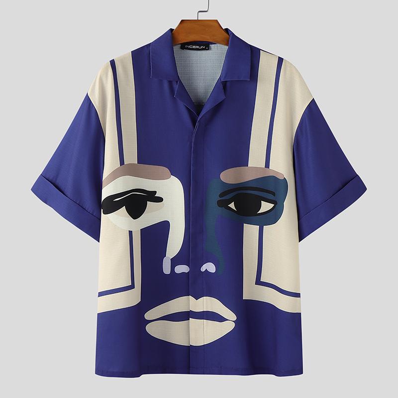 

INCERUN Oversized Men Lapel Neck Short Sleeves Print Casual Loose Shirts L темно-синий