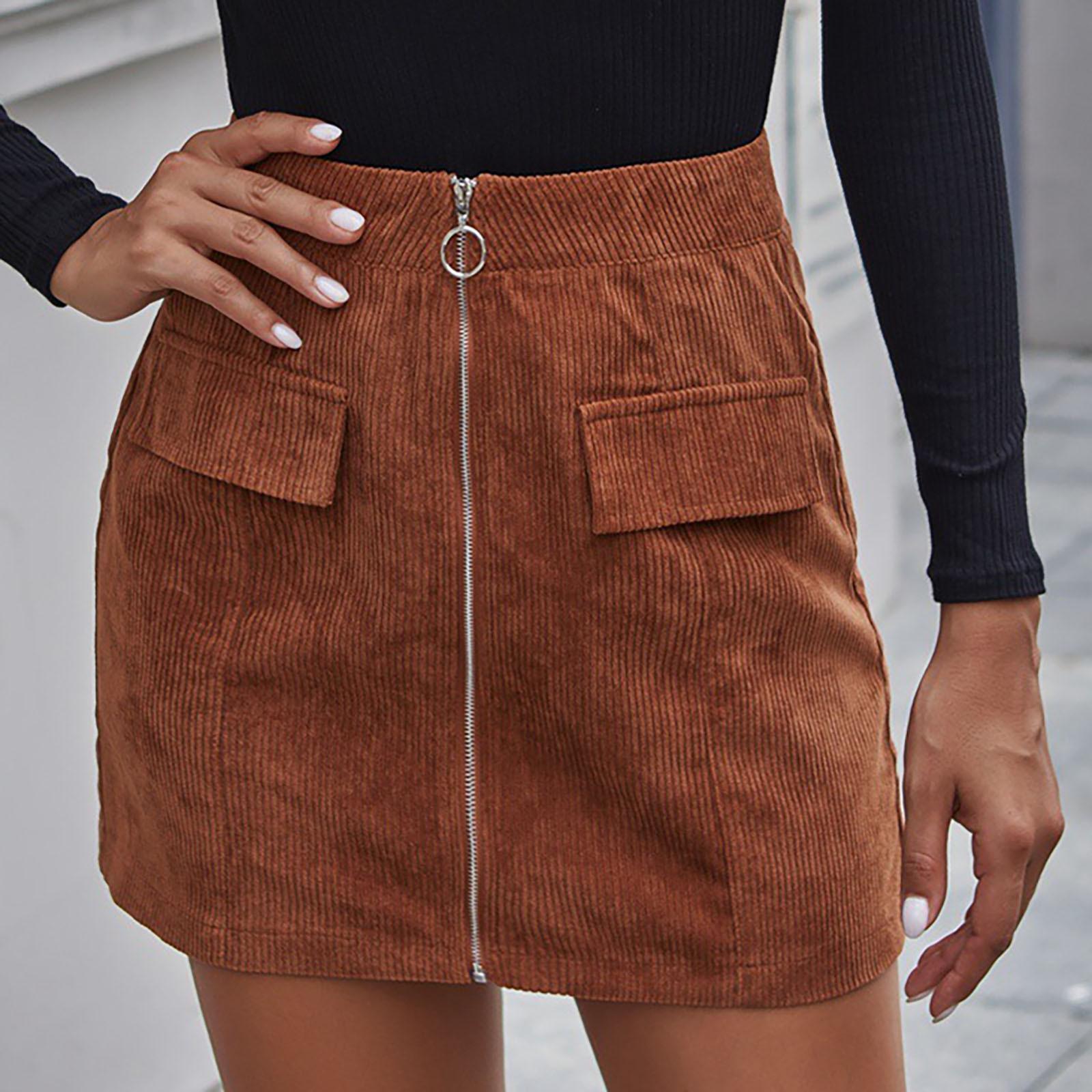 Women Fashion Color Zip Skirt Corduroy Short A-line Skirt S коричневый