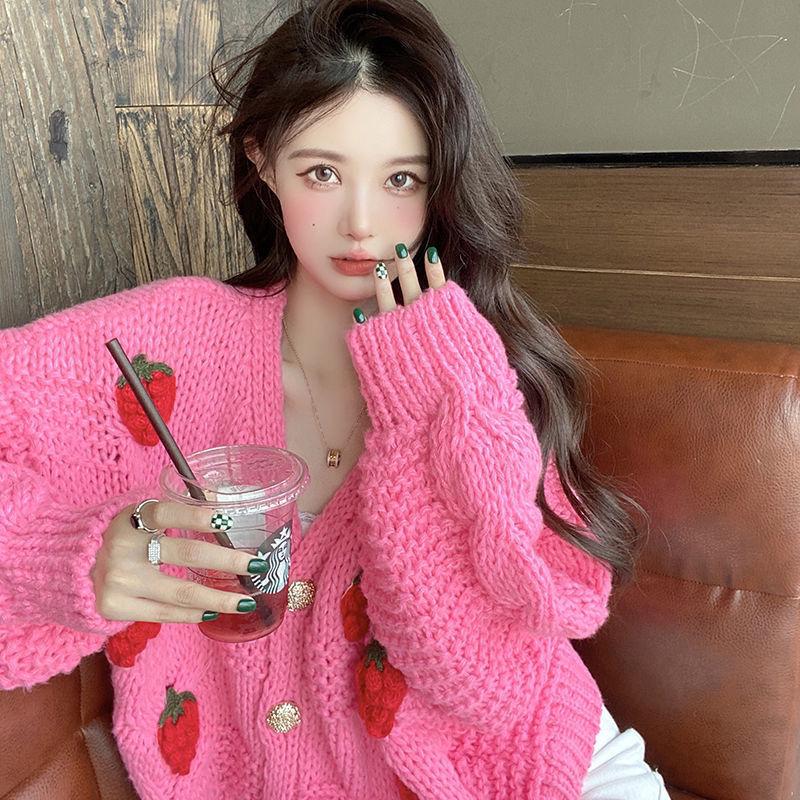 Women Strawberry Loose Cardigan Sweater Fall Fashion Long Sleeve Korean Tops Chic Female Preppy Sweater