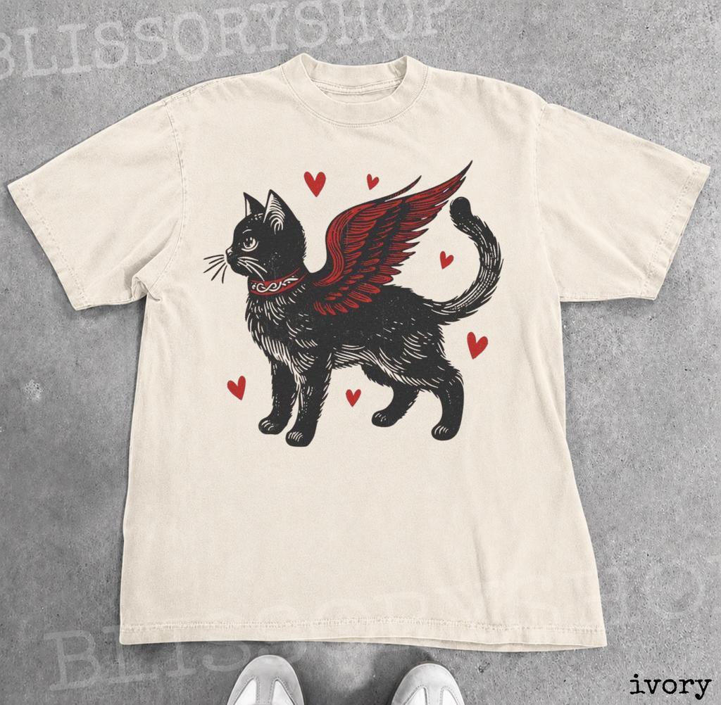 Vintage Angel Wing Cat Graphic Tee, Cute Black Kitten Shirt, Retro Playful Kitty Love Shirt, Coquette Cottagecore Cat Lover Tee