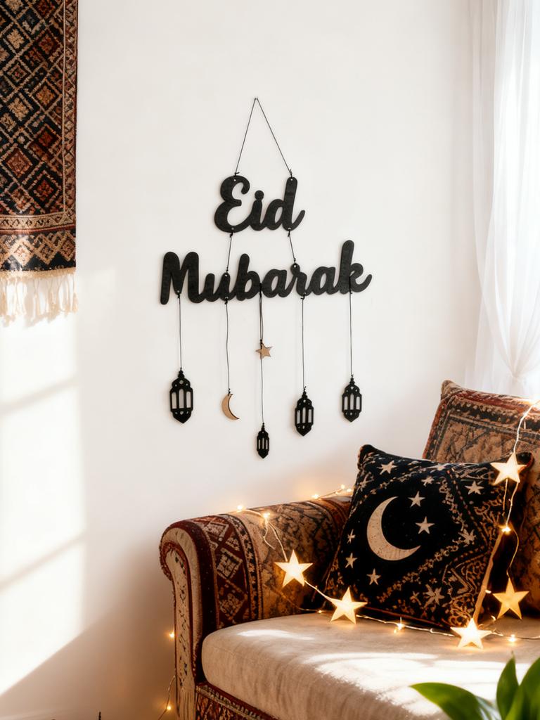 Eid Mubarak Wandhänger Dekor Schwarz Islamische Laterne Mond Stern Ornament für Muslimisches Fest Heimparty Ramadan Kareem Dekoration
