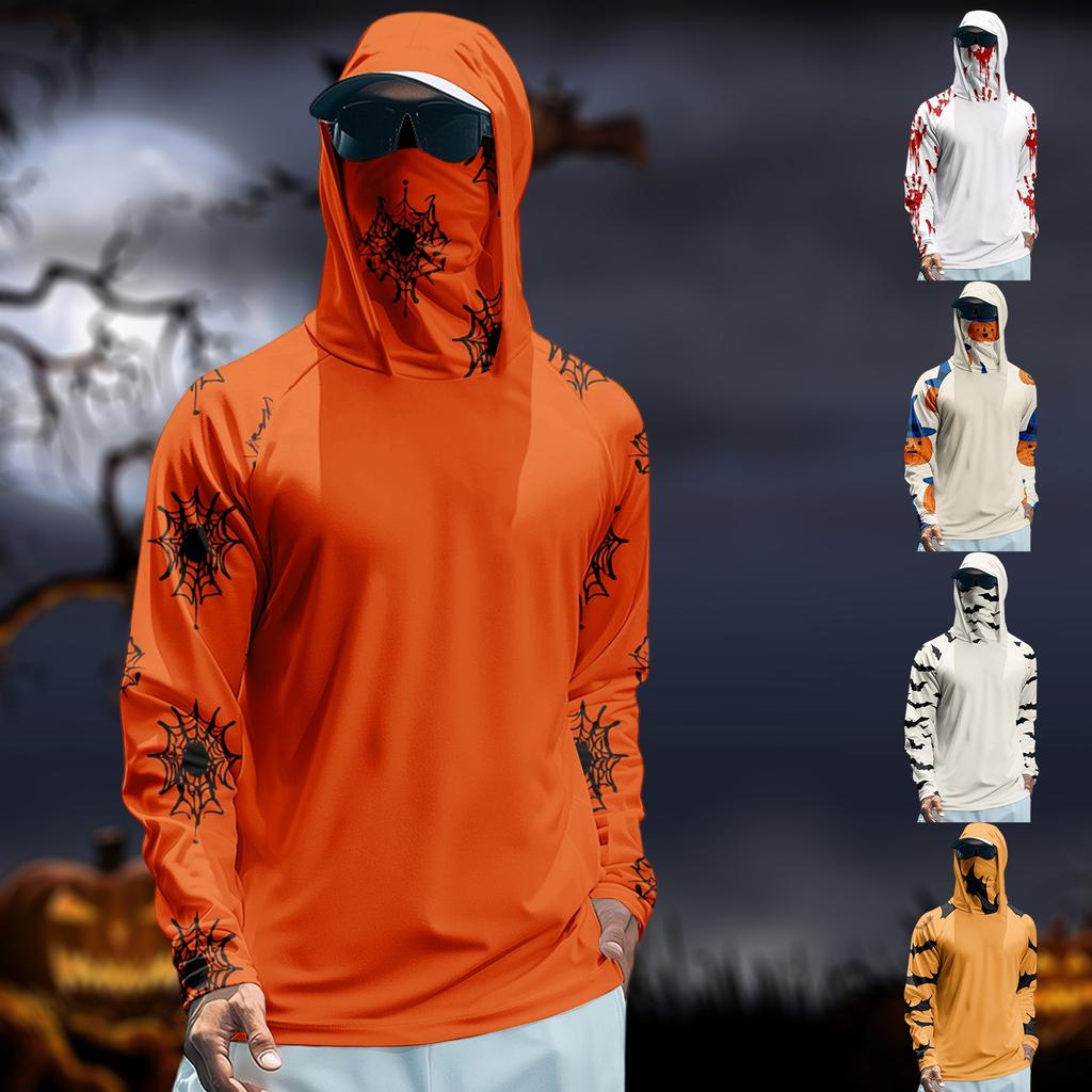 Men's Performance Fishing Raglan Halloween Prints Hoodie - UPF 50+ UV Long Sleeve Sun-protective Shirt With Mesh Visor