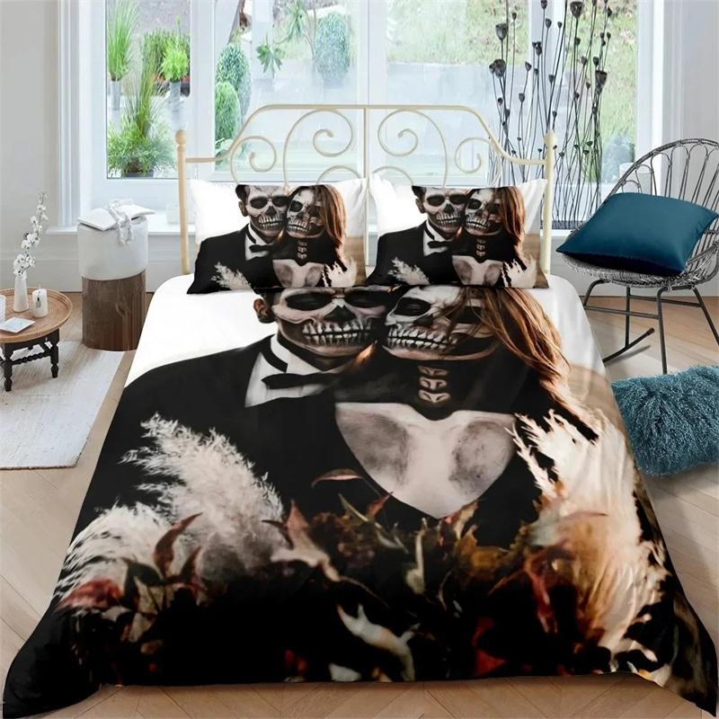 Skelett King Queen Bettbezug Totenkopf Bettwäsche Set für Kinder Teenager Erwachsene Halloween Schlafzimmer Dekor Weicher Bettbezug Kissenbezüge