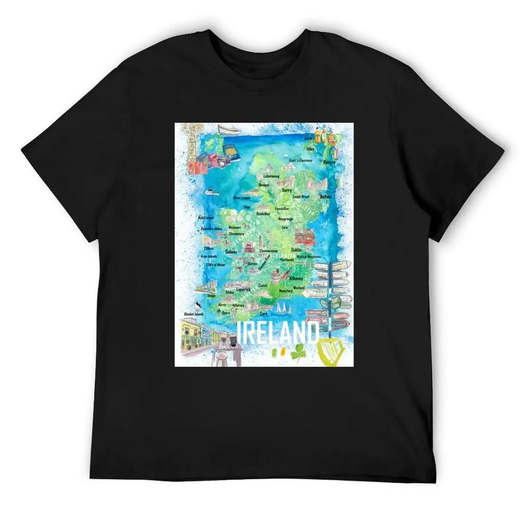 Ireland Illustrated Travel Map with Tourist Highlights - Signpost Edition T-Shirt Quick Drying Oversized T Shirts for Men