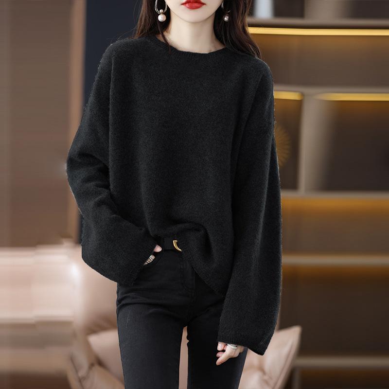 

Lazy casual temperament crew neck sweater women s autumn and winter new solid color loose pullover bottoming knitted sweater One Size чёрный