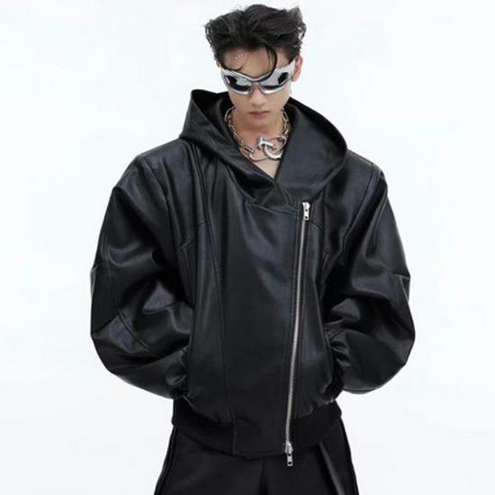 Men's Deconstructed PU Leather Hooded Jacket - Autumn/Winter 2025, Loose Scimitar Sleeve Design