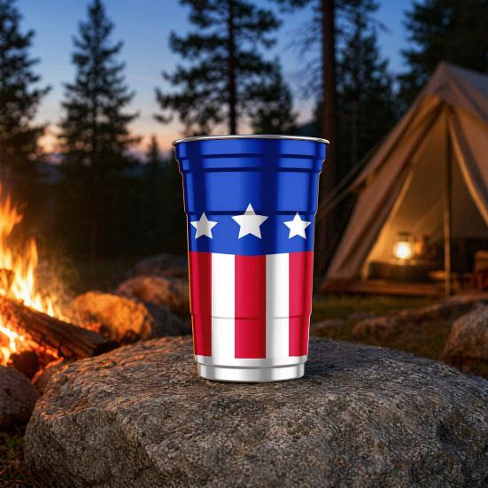 Hliníkový pohár k 250. výročí USA, Znovupoužitelný vlastenecký pivní hrnek, Červeno-bílo-modrý párty pohár pro 4. července, Pro kempování, piknik, grilování