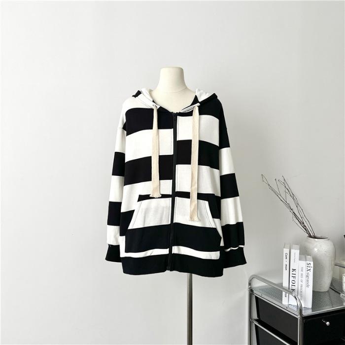 2023 Fall/Winter Women's Korean Loose BF Long Sleeve Cardigan Hoodie – College Style Striped Top