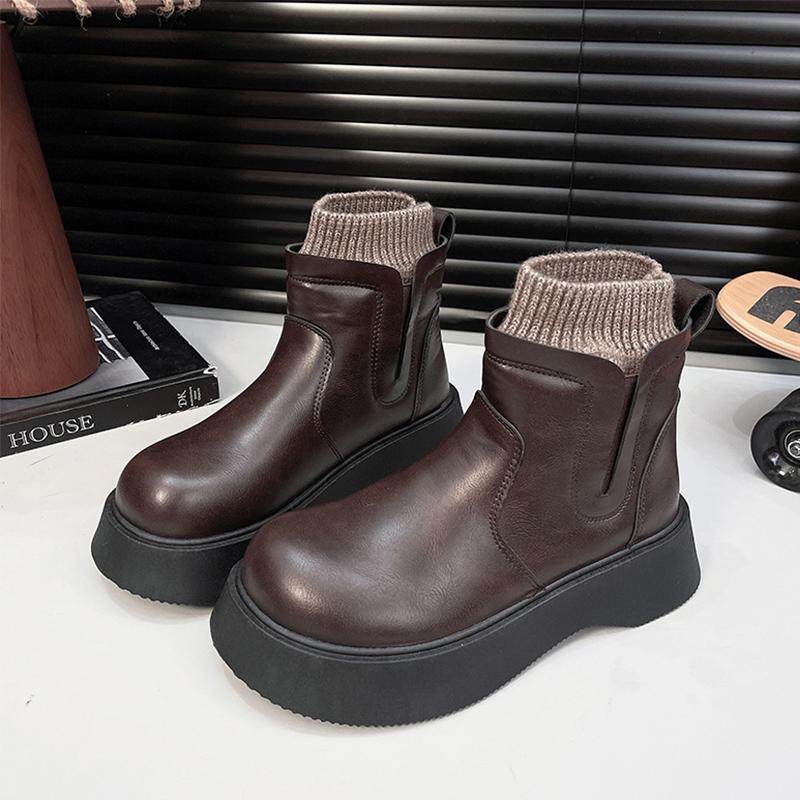 Platform Women Fur Ankle Snow Boots Flats Warm Winter Shoes Fashion Sport Walking Leather Shoes Short Plush Chelsea Boots