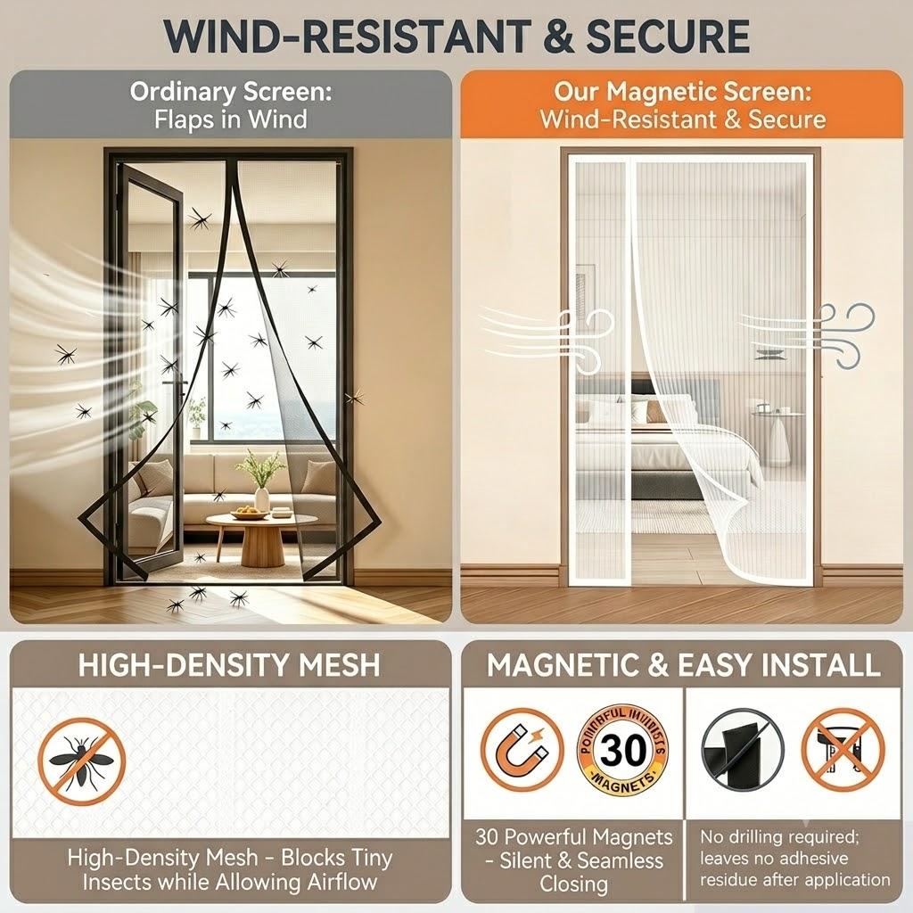 Magnetische Türfliegengitter, Seitlich zu öffnendes doppelseitiges magnetisches Türfliegengitter, Insektenschutz, Polyestergewebe, Hochdichtes atmungsaktives Netz—Weiß