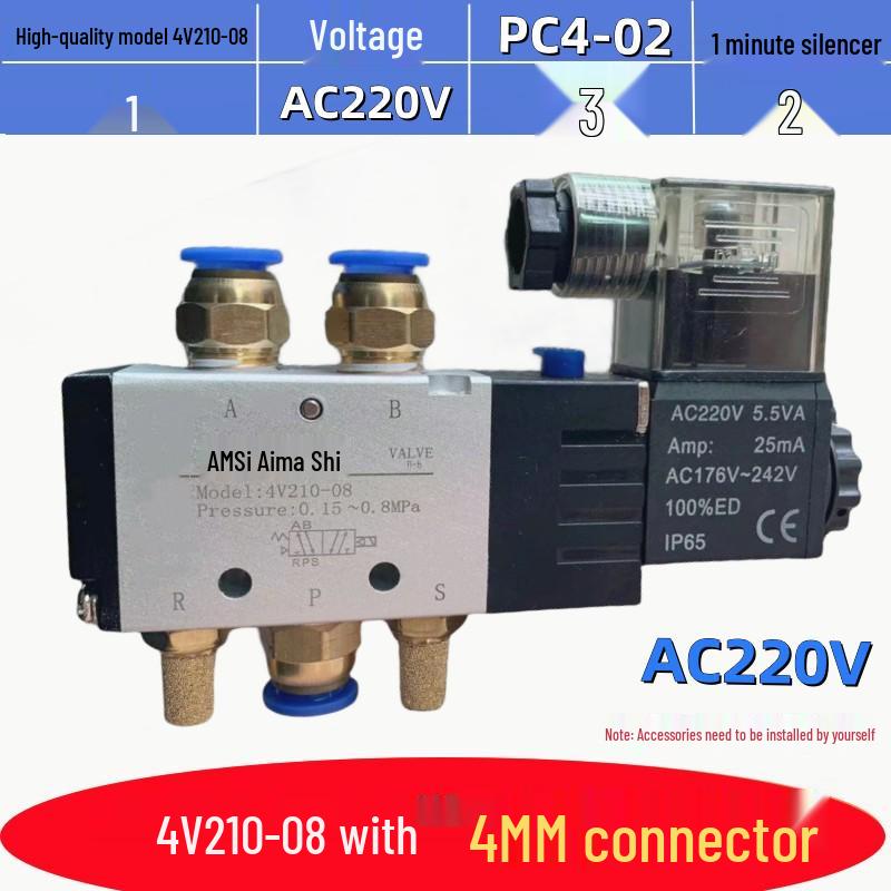 Pneumatický solenoidový ventil 4V210-08: Dvoupolohový, pěticestný řídicí ventil pro vzduchový válec (12V/24V/220V)