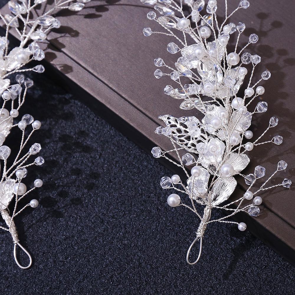 Silver Alloy Leaf Handmade Pearl Hairpin, Bridal Branch Crystal Headband