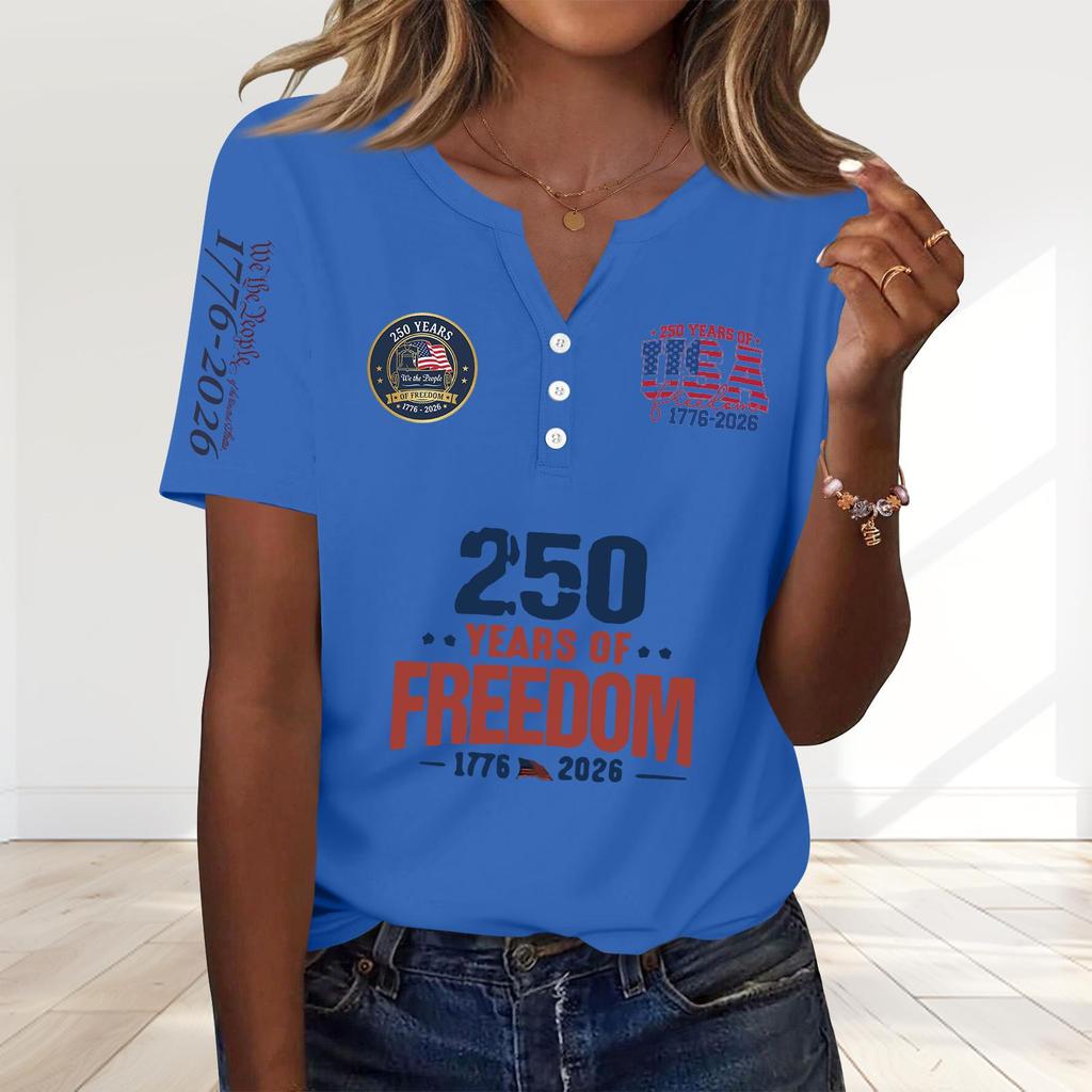 Women's Fashion Casual 250th Anniversary Independence Day Print V-Neck Short Sleeve Decorated Button-Up T-Shirt