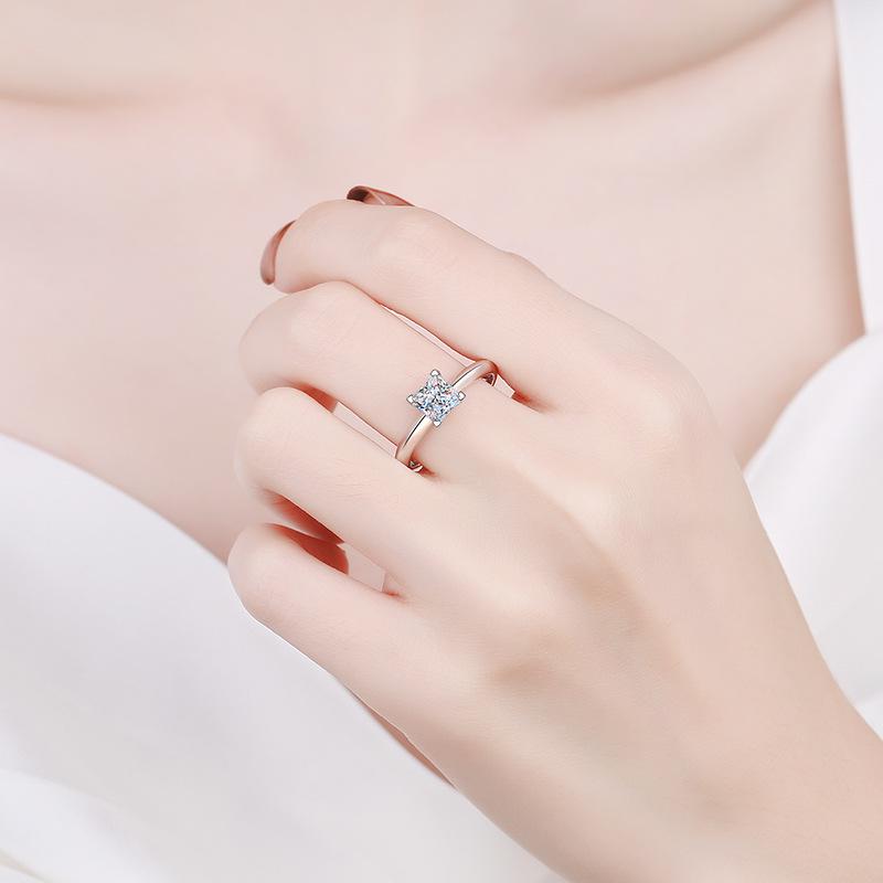 Sterling Silver T-Style Princess Cut Moissanite Ring for Women, 1 or 2 Carat, Four-Prong Setting