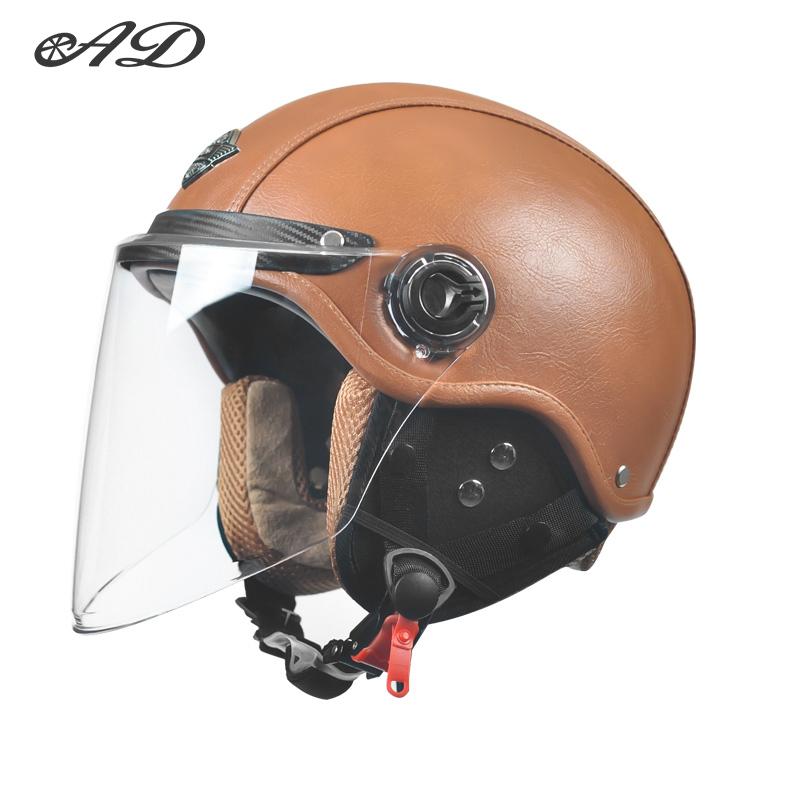 AD Retro Motorcycle Helmets with Harley Visor Leather Helmet for Man Electric Motorbike Vintage Protected Motor Safety Cap