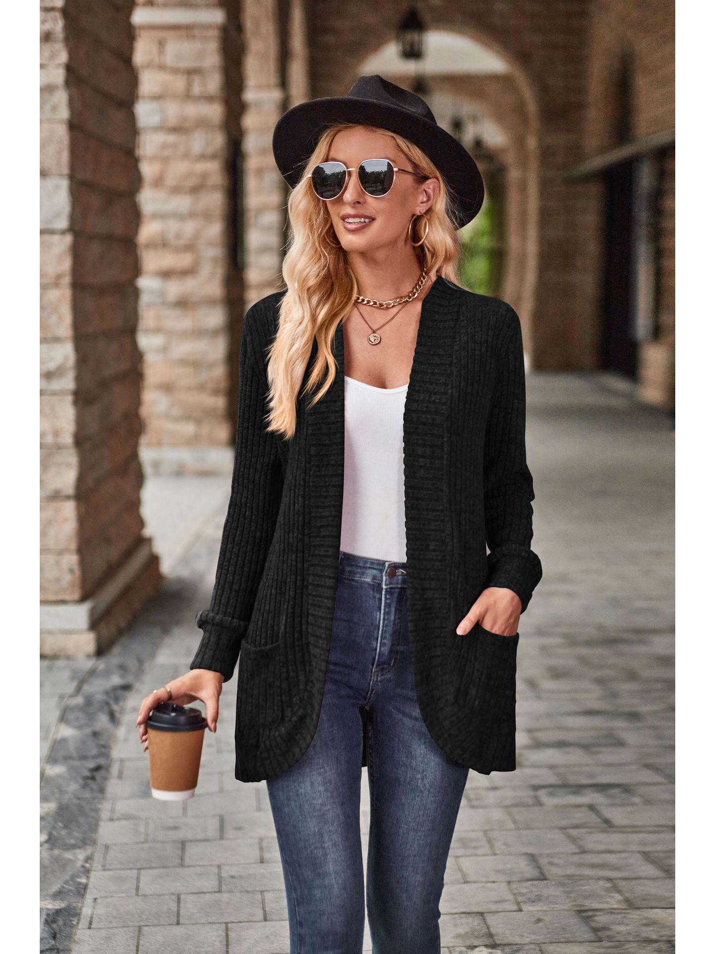 

2024 Осень Полосатый однотонный кардиган с длинным рукавом XL чёрный