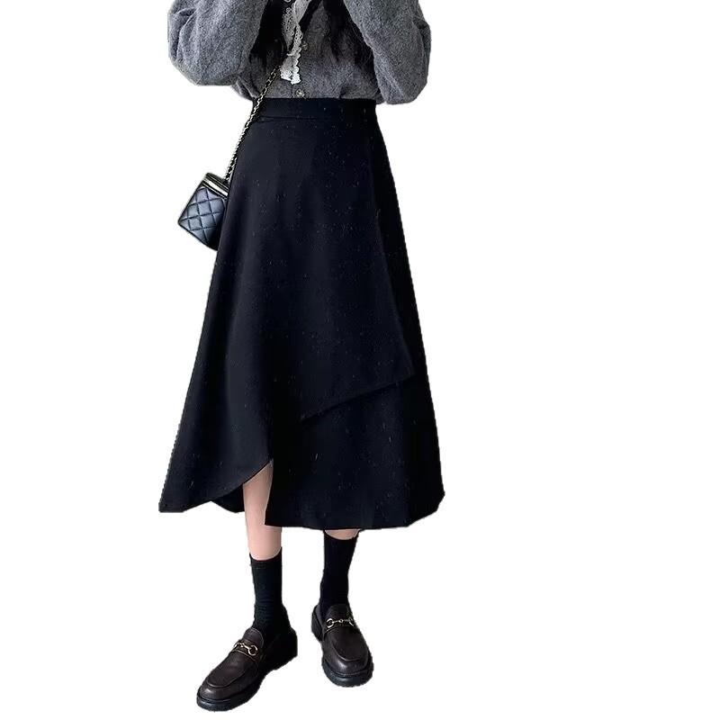 Black Irregular High-Waisted A-Line Skirt - Mid-Length Umbrella Style for Spring & Autumn 2026