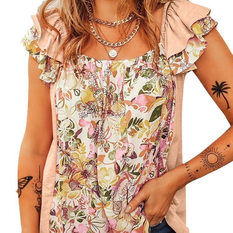 Summer Women's Square Neck Outer Vest Fashion Floral Ruffle Sleeveless Top