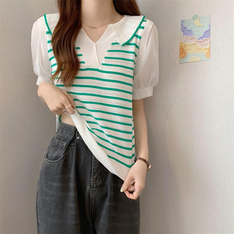 Fake Two Piece Shirt Patchwork V-neck Striped Polo Shirt Knitted T-shirt for Women's Design Sense Short Bubble Short Sleeved Top for Summer