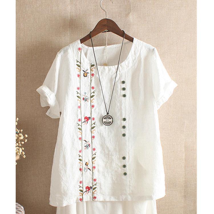 2025 Summer Women's Trendy Embroidered Cotton-Linen Short Sleeve T-Shirt - Korean Fashion