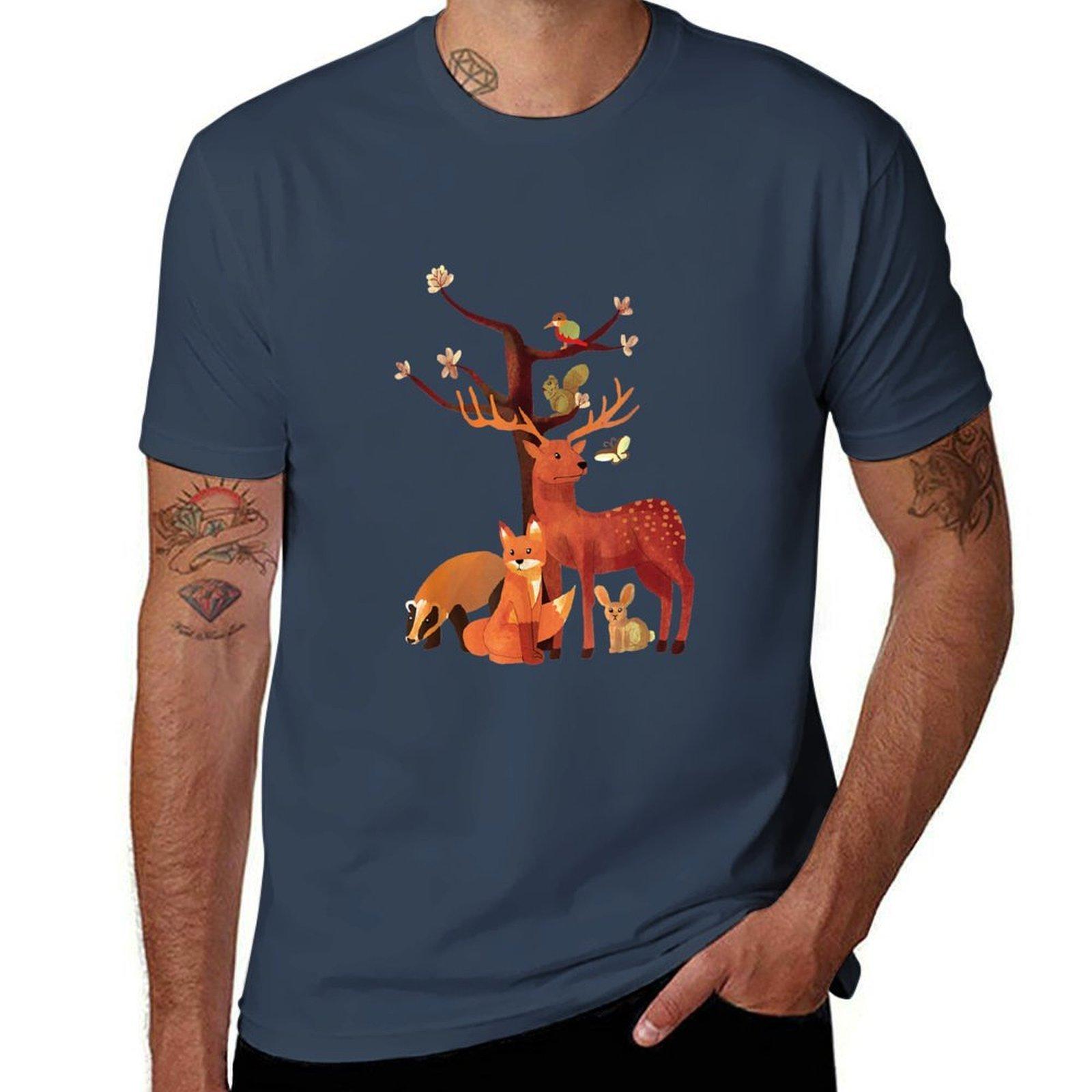 Woodland Animals Deer Fox Rabbit Squirrel Watercolor Vintage TShirt Breathable Lightweight Summer Top S