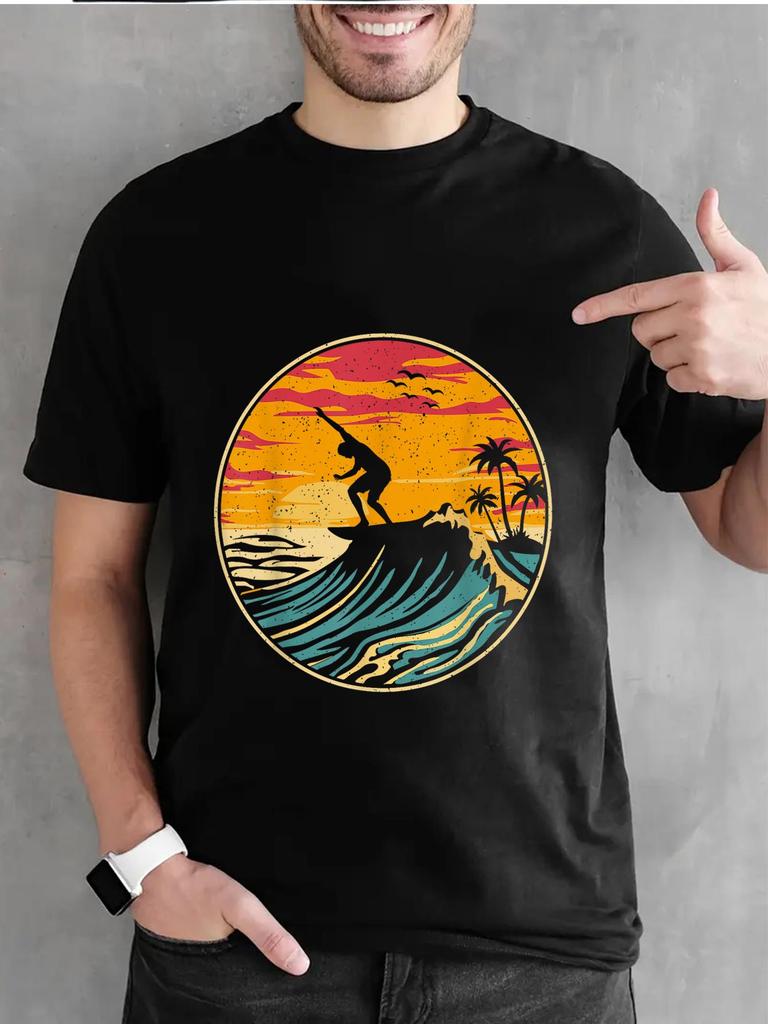 Mens Plus Size Black Tshirt with Tropical Surfing and Beach Pattern Print Mens Surfing and Surfboard Design Loose Casual
