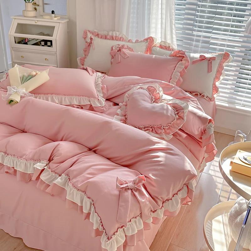 Korean Princess Style Bedding Set Girl Heart Solid Color Double Bed Sheets Washed Cotton Ruffled Bed Cover Skirt Sheet Quilt Set