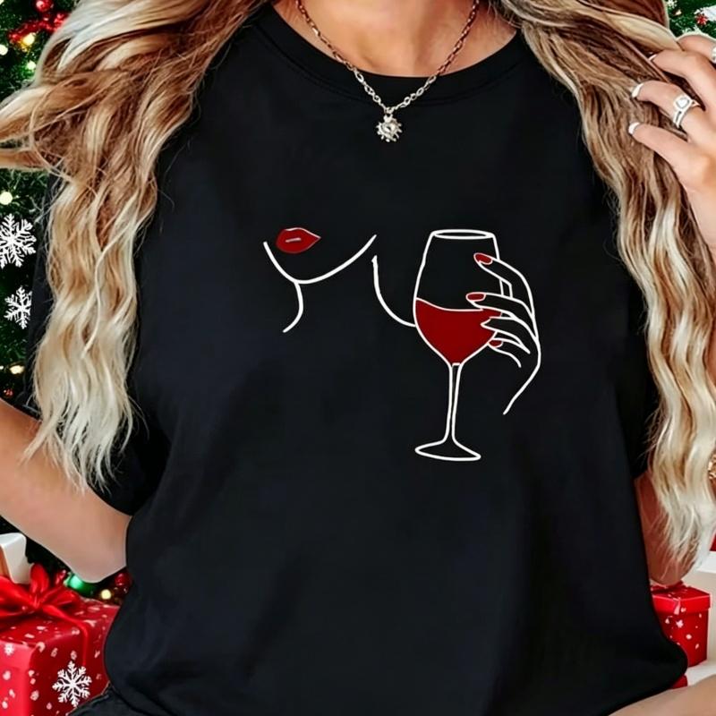 Women's Elegant Wine Glass Lips Graphic Tee Minimalist Line Art T-Shirt Crew Neck Short Sleeve Top for Party