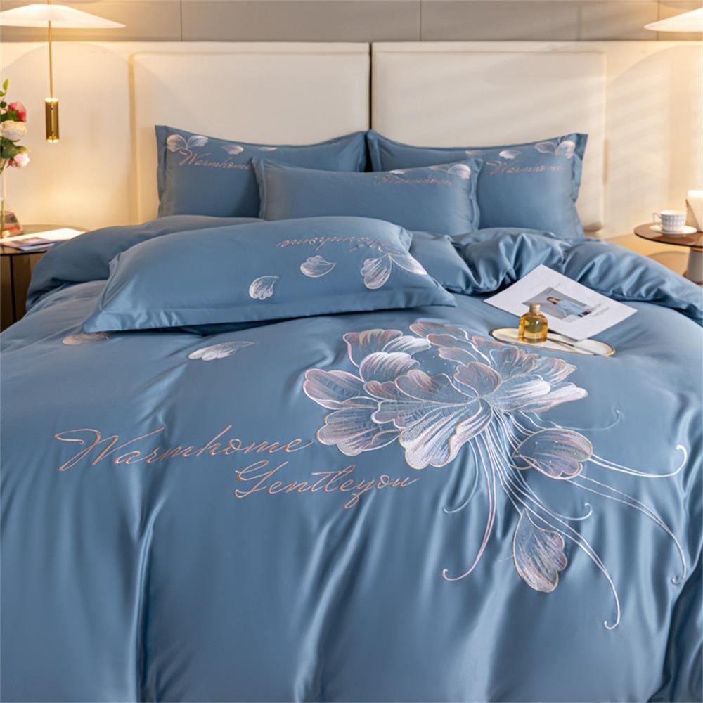 Set de pat din mătase de gheață, set din patru piese, broderie, prietenos cu pielea, respirabil, confortabil, cearceaf de pat, husă de pilotă, față de pernă
