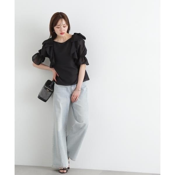 Proportion Body Dressing Ribbon Ruffle Blue Women's Blouse, 5/8 Sleeve,
