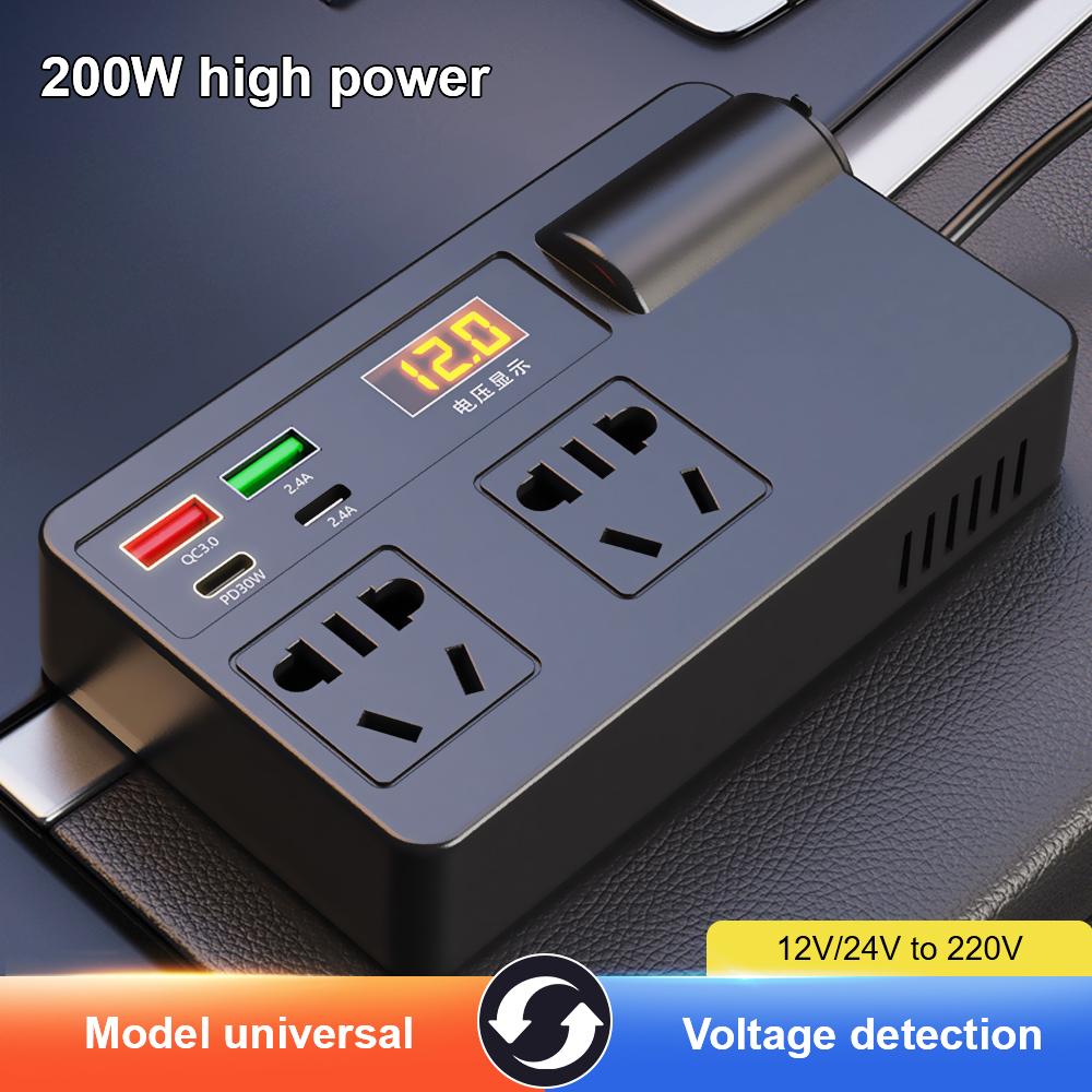 Voltage Detection QC 3.0 ON/OFF Switch USB/PD/Type-C Chargers 200W Power Adapter Car Inverter DC 12V/24V To AC 220V Converter Digital Display