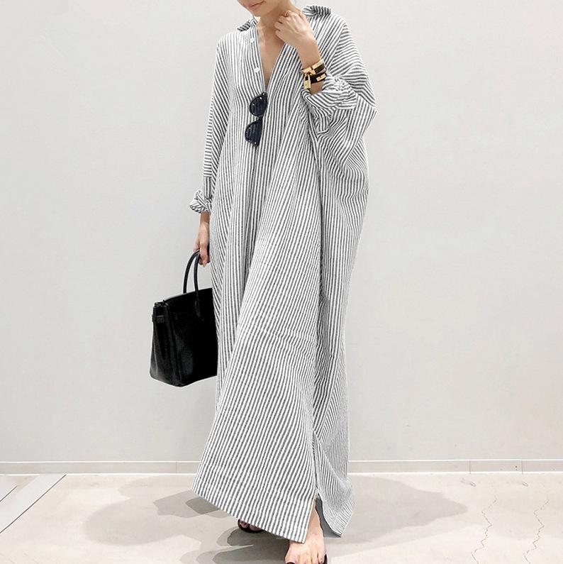 New European & American Women's Plus Size Striped Long Nightgown - Breathable & Loose Homewear