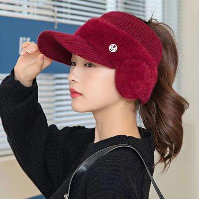 Women's Korean Style Wool Winter Knitted Cap with Ear Protection and Warm Velvet Lining
