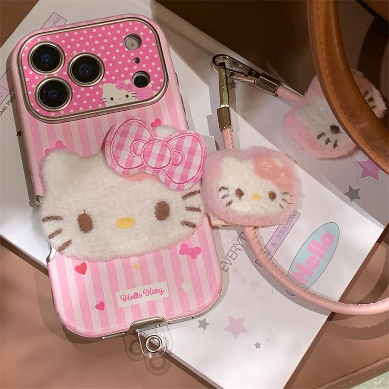 Fashion Pink Stripe Cute Hellokitty Phone Case For iPhone 17 Pro 16 15 14 Pro Max Cover with Hand Strap Shockproof Protective Ca
