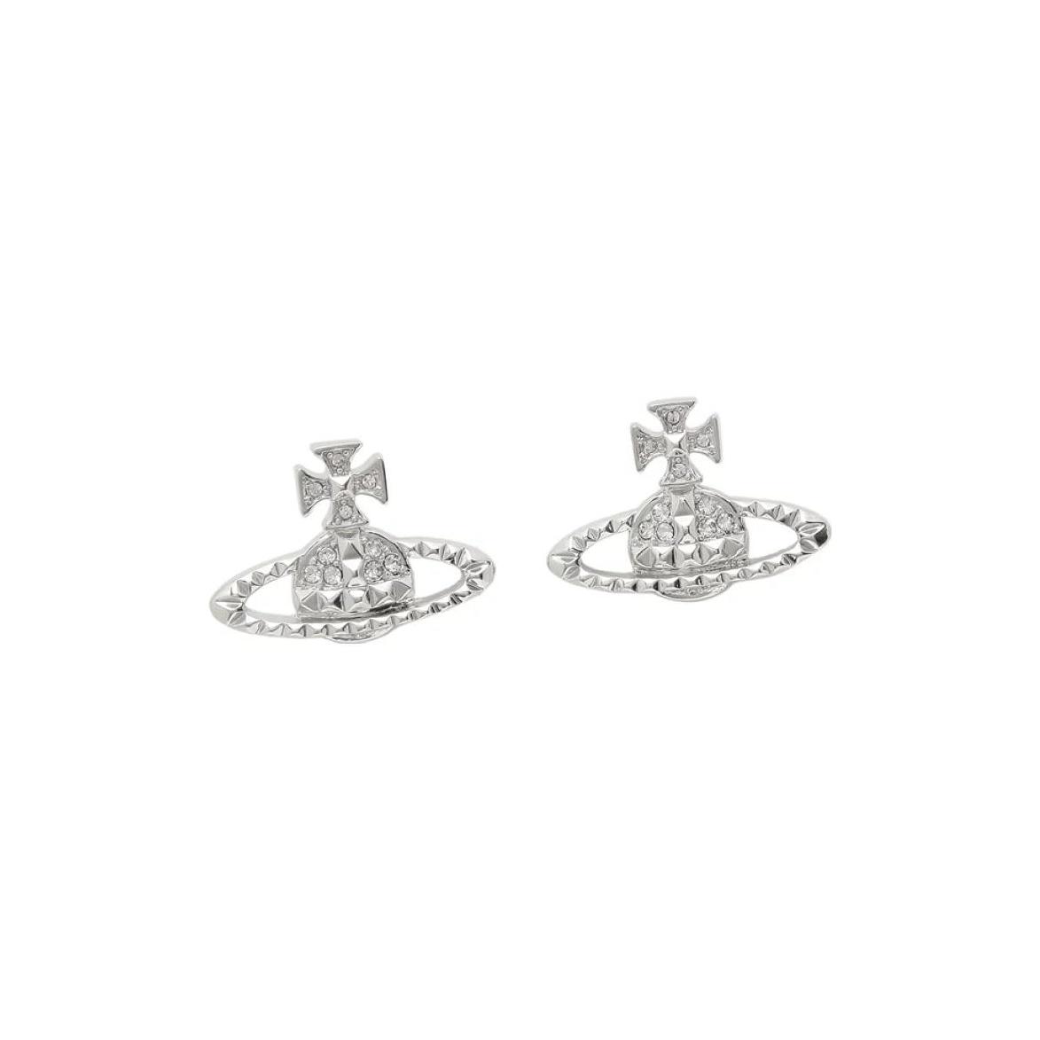 Vivienne Westwood Mayfair Bas Relief Classic Studded Planet Embossed Brass Crystal Earrings Women earrings Silver 62010029-W110 Box