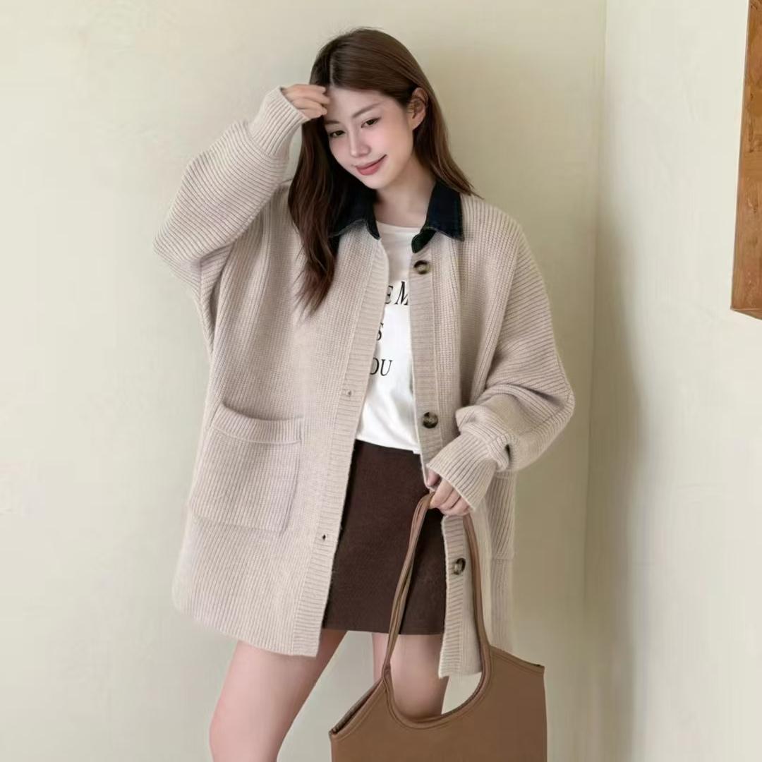 

DIMANAF 2025 Зимняя Новая Длинная Куртка Большого Размера Женские Свитера Джинсовое Пальто Лоскутное Кардиган Вязаный Карманы Свитер One Size бежевый