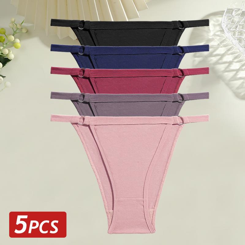 5PCS/Set Women Cotton Briefs Sexy Low Rise Panties Metal Ring Hollow Breathable Underwear Solid Color Comfortable Lingerie M-2XL