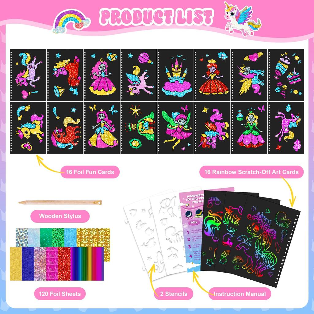 Unicorn Foil Sticker Book and Scratch Art Paper for Kids, DIY Creative Activity Kit, Gifts for Girls Ages 4-9, Travel Toys