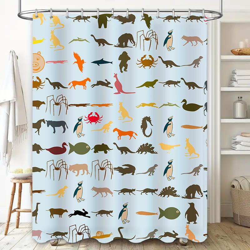 Animal Print Shower Curtain Set Featuring Unique Animal Designs For Bathroom Decor Blue Background With Various Animals Silhouet