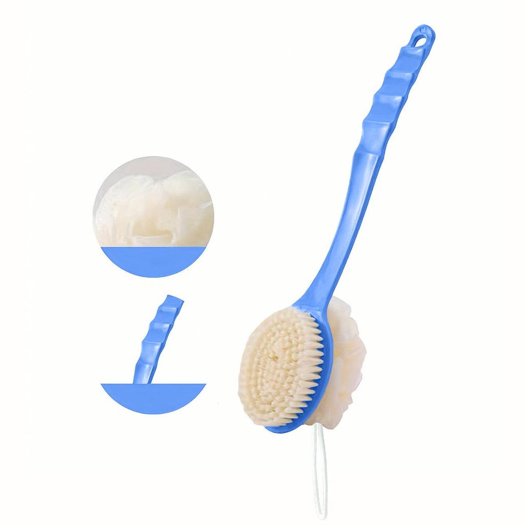 Dubbelzijdige badschrobborstel met zachte haren en lange ergonomische handgreep voor exfoliëren en rugschrobben