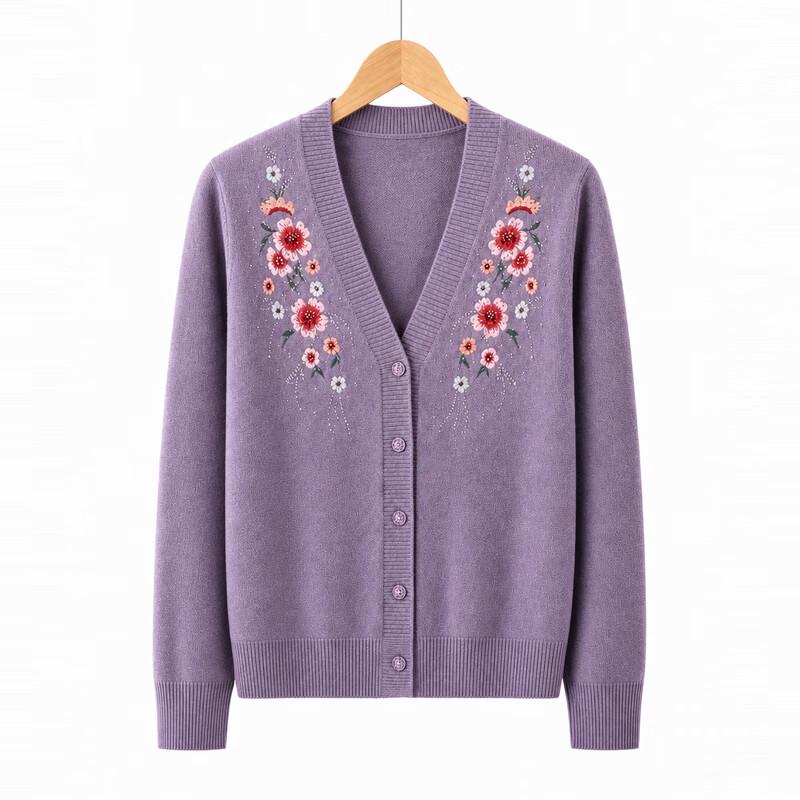Hodo Women's Elderly Floral Embroidered V-Neck Knit Cardigan