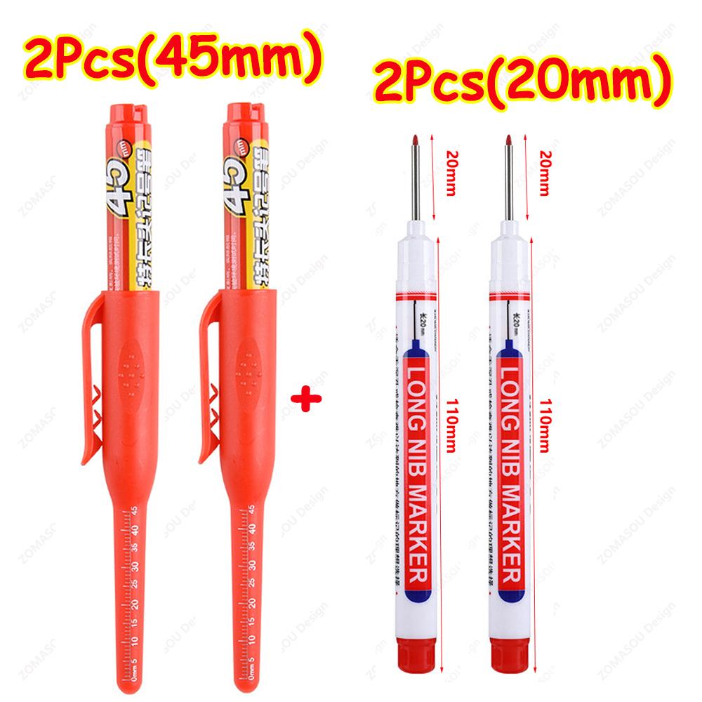 NEW Long Head Nib Deep Hole Markers Pen 20mm/45mm Waterproof White Tile Carpenter Pen for Woodworking Black/Blue/Red Ink