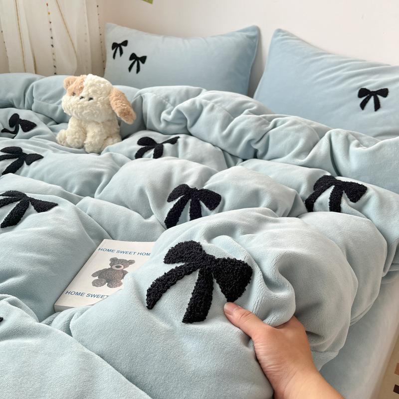 Bow High Gram Weight Thickened Milk Fleece Towel Embroidery Four-Piece Set Bed Sheet Quilt Cover Bedding Three-Piece Set