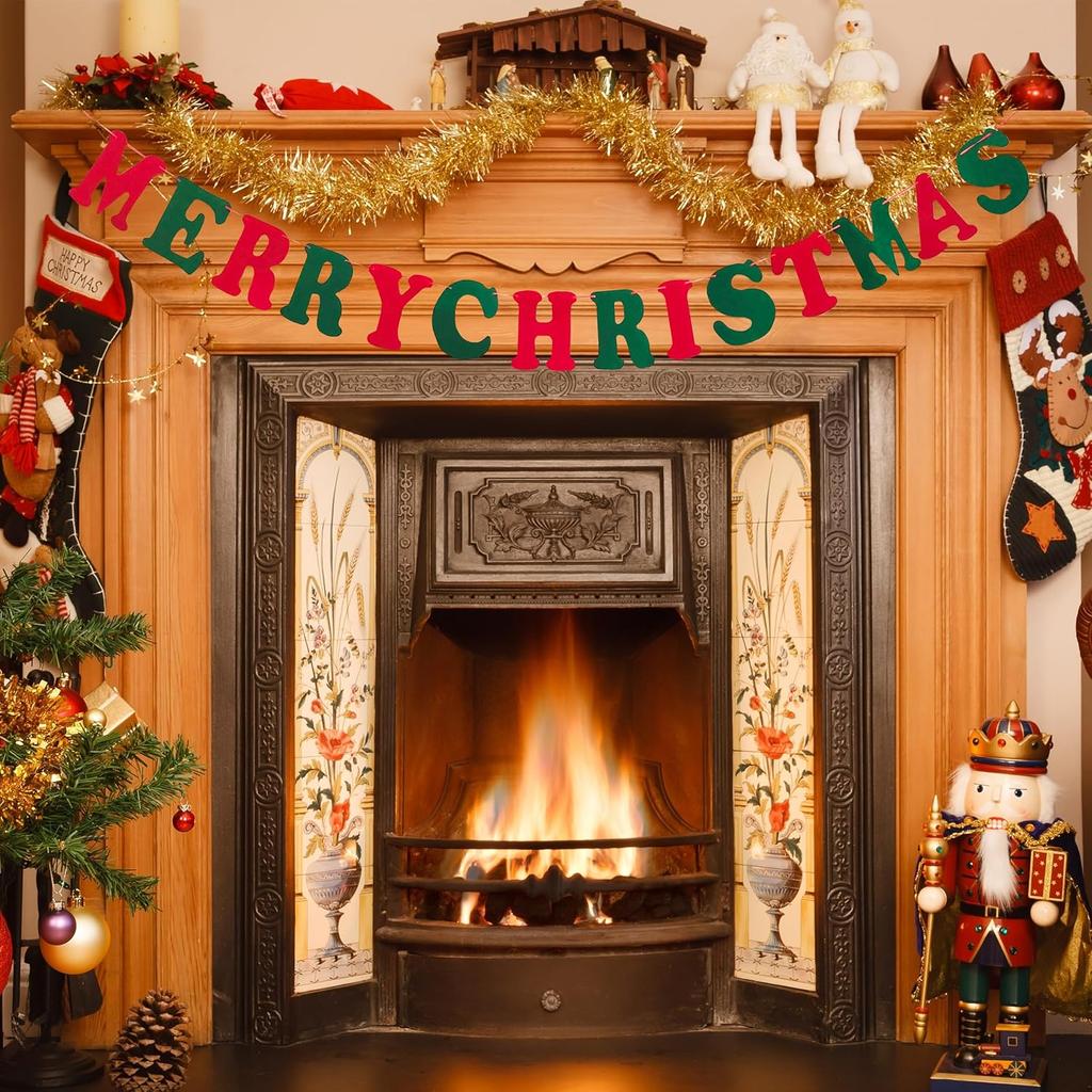 Merry Christmas Banner Red Green Wool Felt Garland Christmas Decorations Indoor Happy Holiday Decorations Cute Hanging Decor for Mantel Fireplace