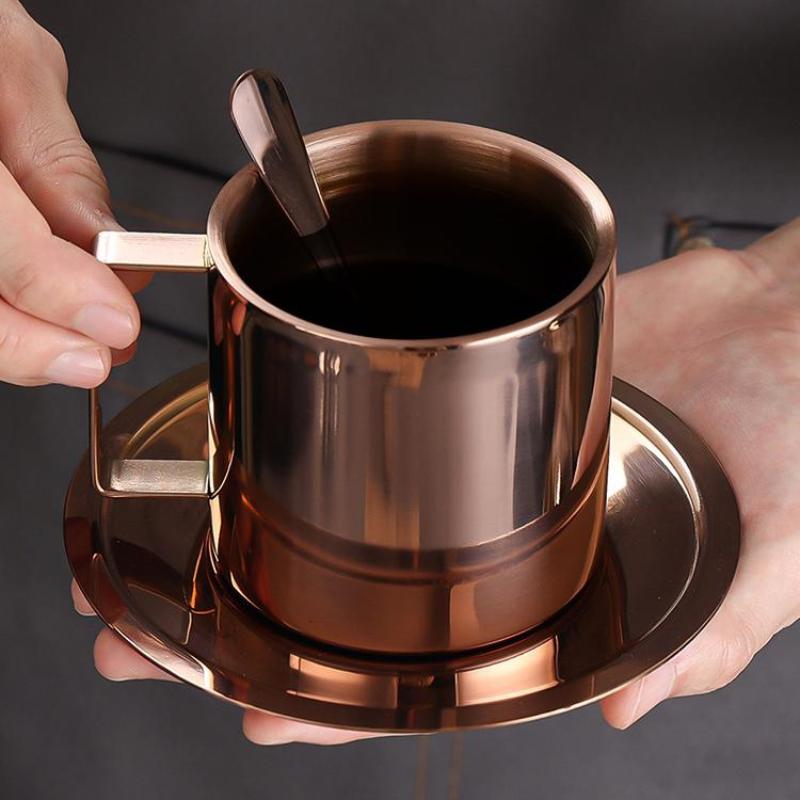 Tasse à café en acier inoxydable 170/200/250/280 ml Tasse à lait et ensemble soucoupe Avec sous-tasse Tapis Cuillère Poignée Facile à nettoyer et réutilisable